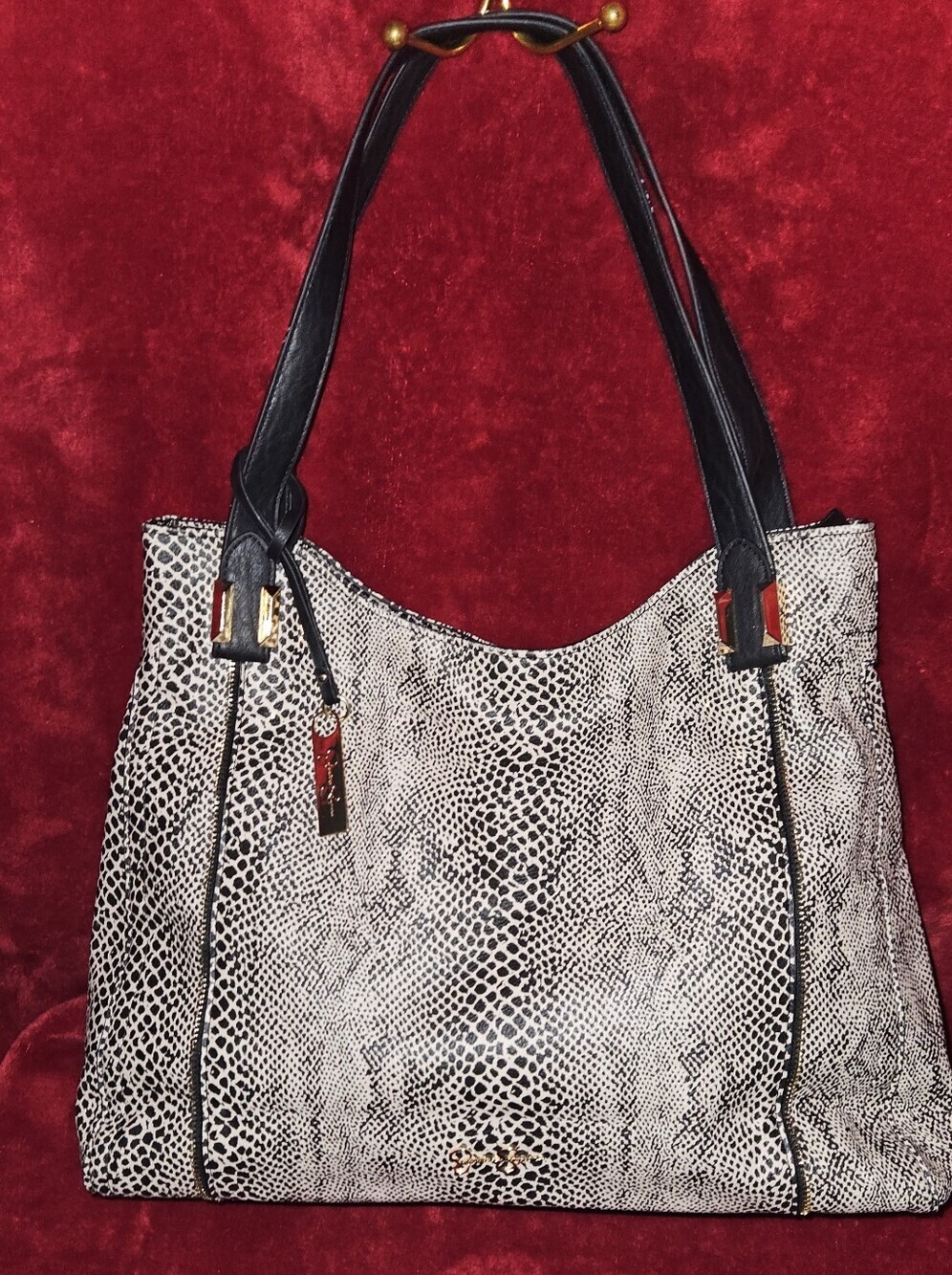 Jessica Simpson Large Black & Cream Snake-Print Tote w/Gold Hardware